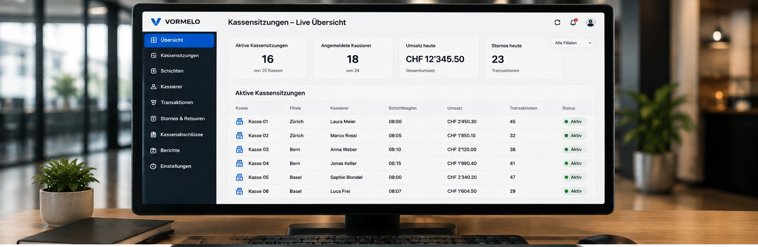 Vormelo Schicht- und Kassenverwaltung Live-Sitzung mit Kontaktdaten, Kassenwechsel und Schichtwechsel